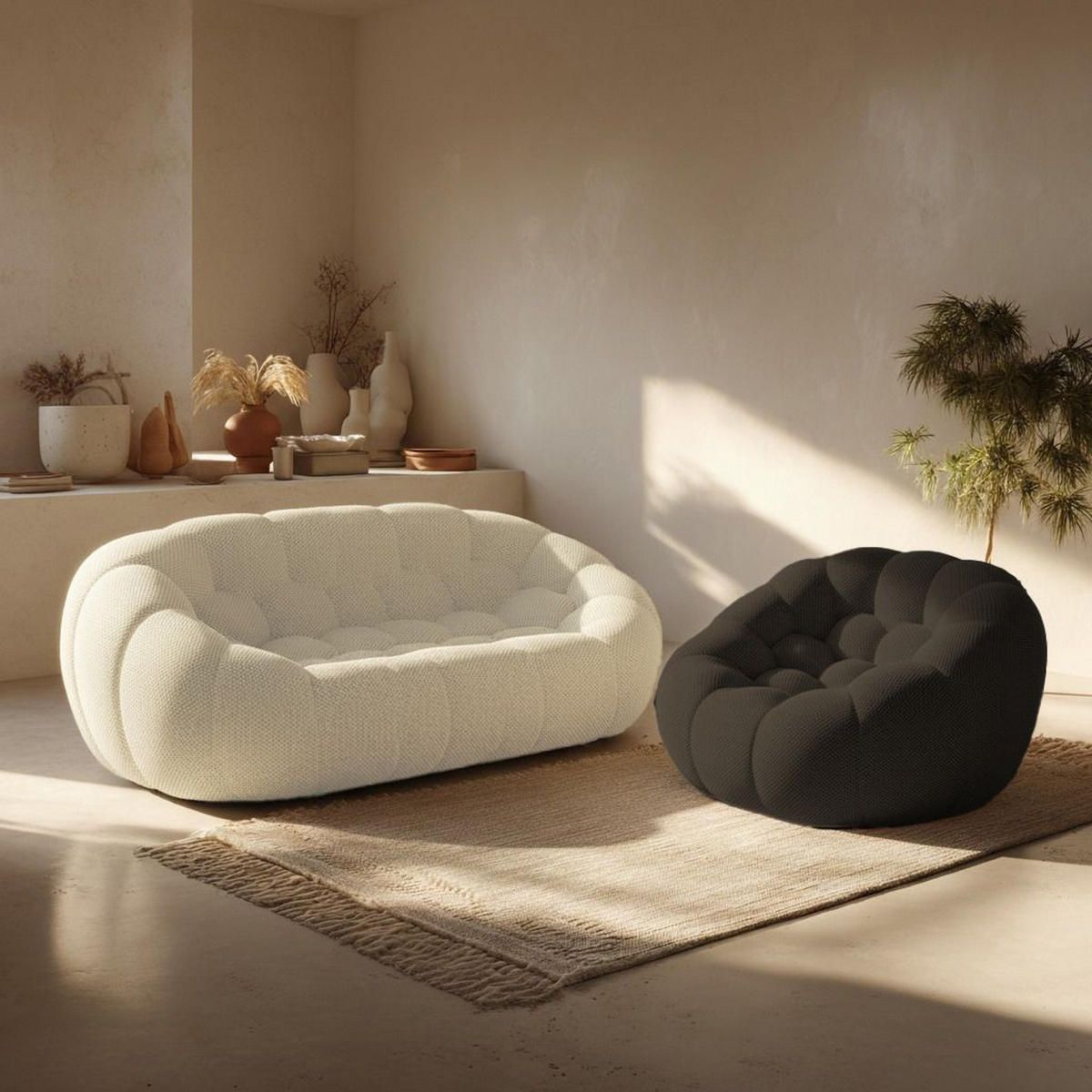 SITZGARNITUR Cocoon Sofa und Sessel Weiß und Schokolade - Weiß/Braun, Textil (190/75/113cm) - COCO Living