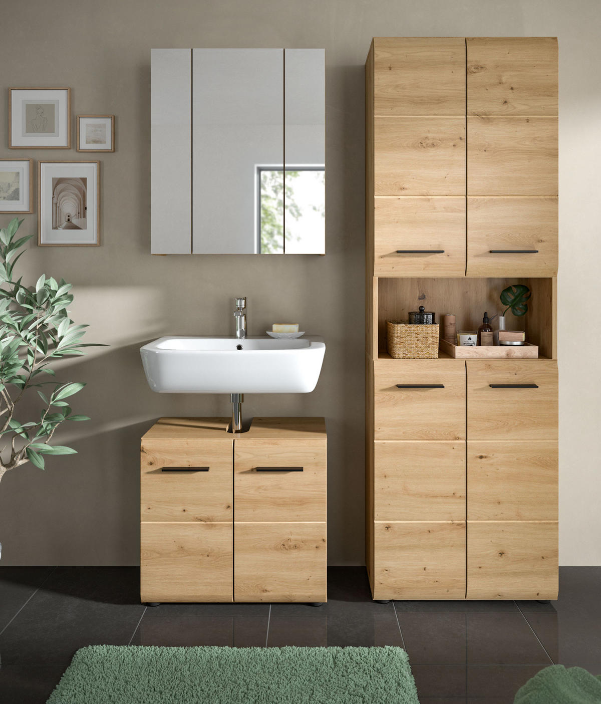 BADMÖBEL SET 3-teilig in Artisan Eiche, Badkombination 135 x 185 cm, Cover - Schwarz/Eiche Artisan, Glas/Holzwerkstoff (135/185/30cm) - Inn.Furn