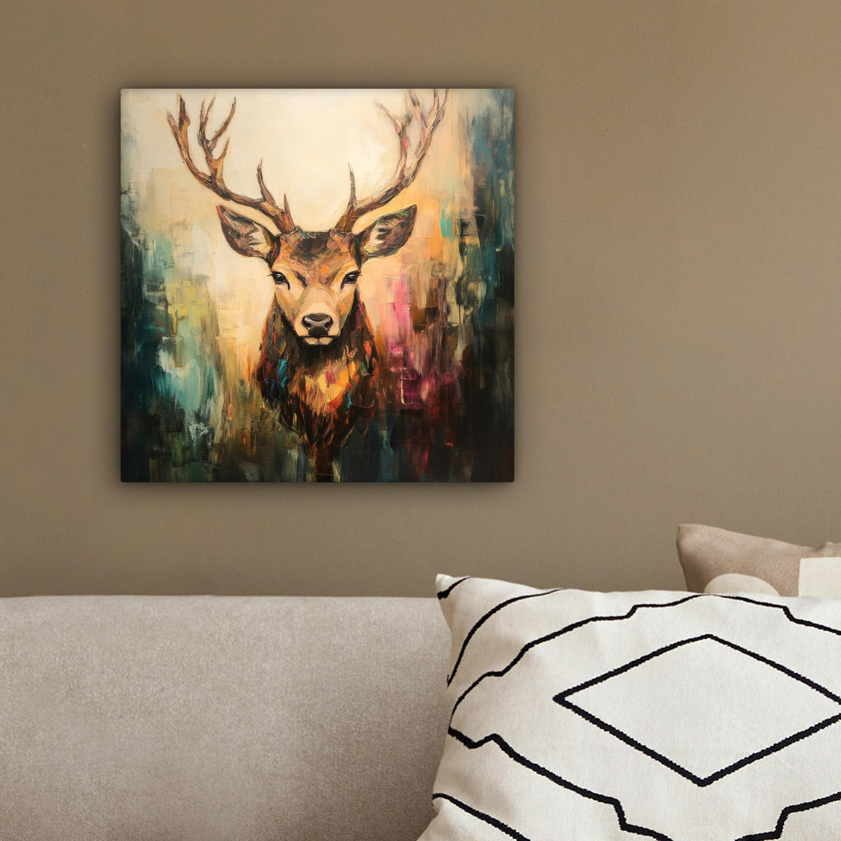 LEINWANDBILD Hirsch - Gemalt - Geweih - Braun 20x20 cm - Haselnussfarben, Textil (20/20cm) - MuchoWow