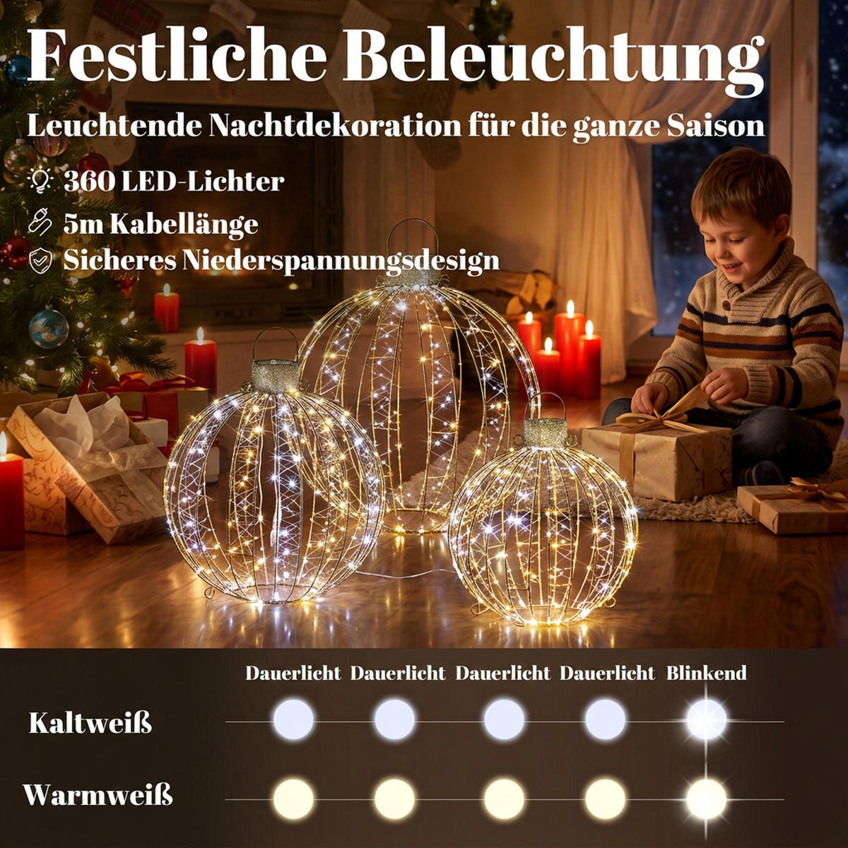 WEIHNACHTSBELEUCHTUNG 3er Set Metall Polyester Goldfarben - Goldfarben, Metall (50/60/50cm) - Outsunny