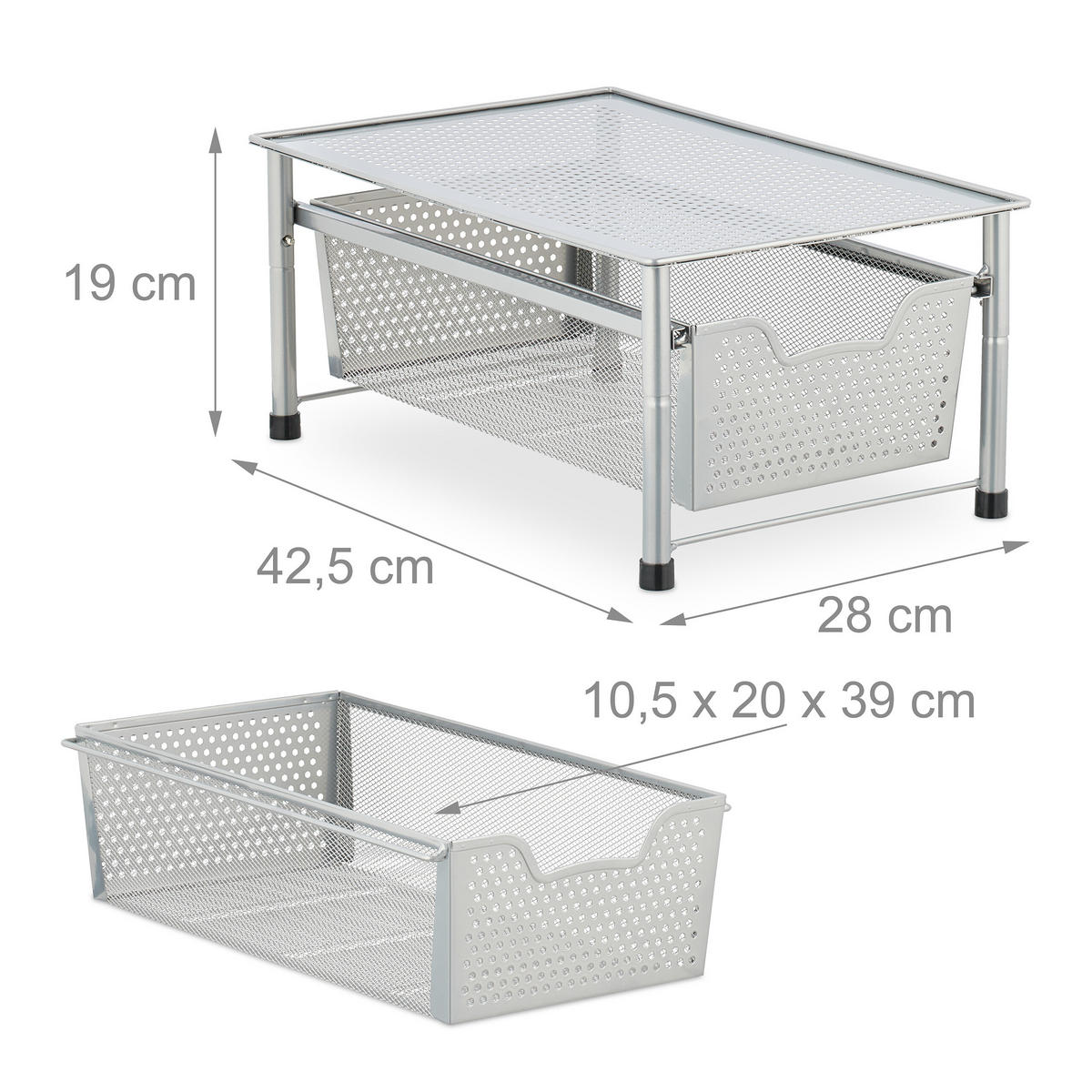 ORGANISERARE Silver stål med utdragbar korg 42,5 cm - Silverfärgad, Metall/Plast (28/19/42.5cm) - Relaxdays