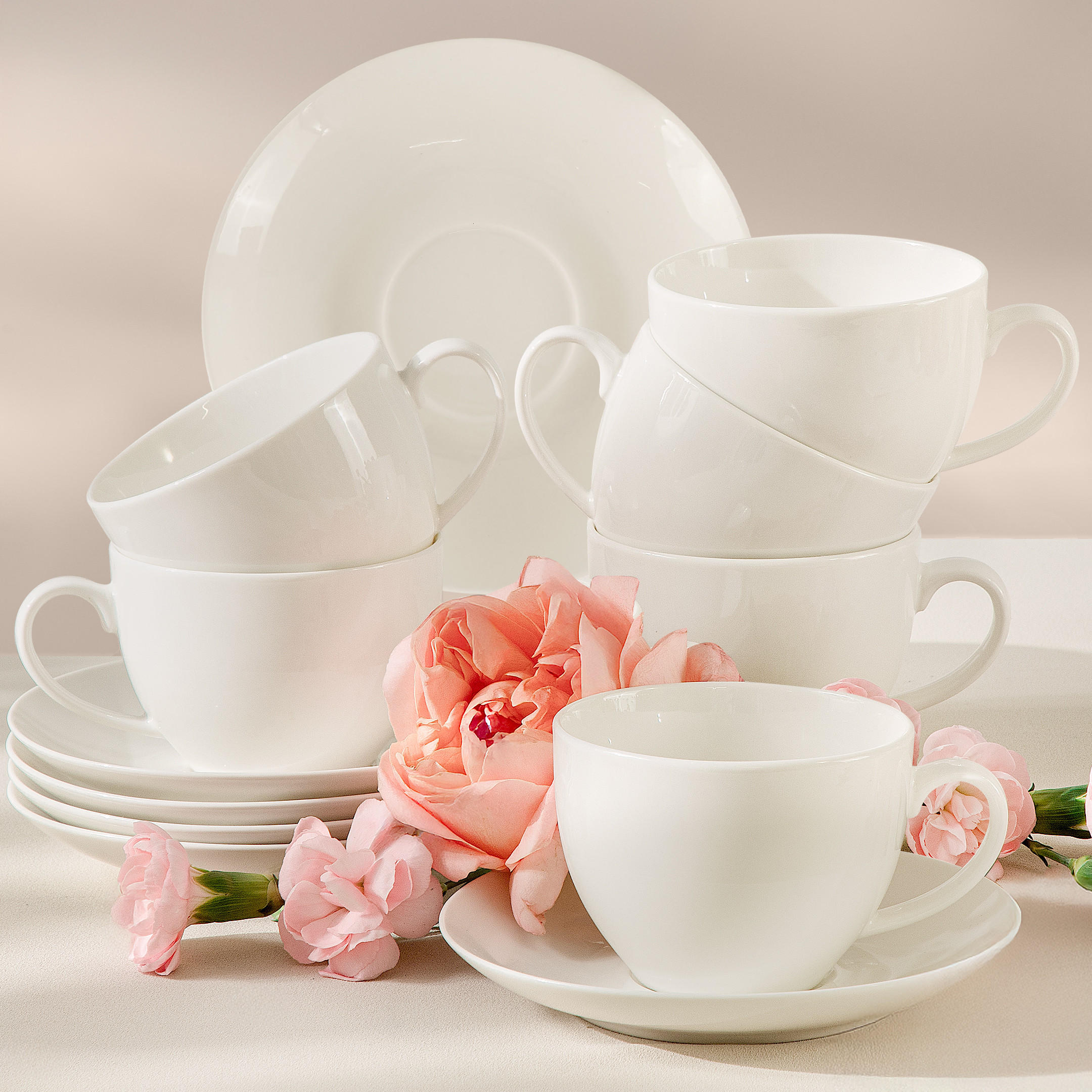 TASSEN-SET mit Untertasse AD BELLA 6-tlg,Porzellan, ecru - Ecru, Keramik (15/8/15cm) - KONSIMO®