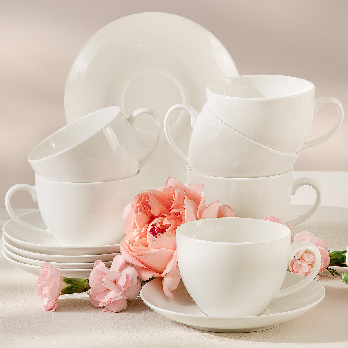 TASSEN-SET mit Untertasse AD BELLA 6-tlg,Porzellan, ecru - Ecru, Keramik (15/8/15cm) - KONSIMO®