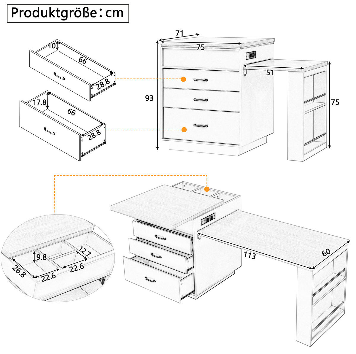 KUHINJSKI otok 125,5–187,5/71/93 cm z LED osvetlitvijo, USB/Type-C polnilom, raztegljivo mizno ploščo iz MDF, Črna - črna, leseni material (125.5/93/71cm) - Redom