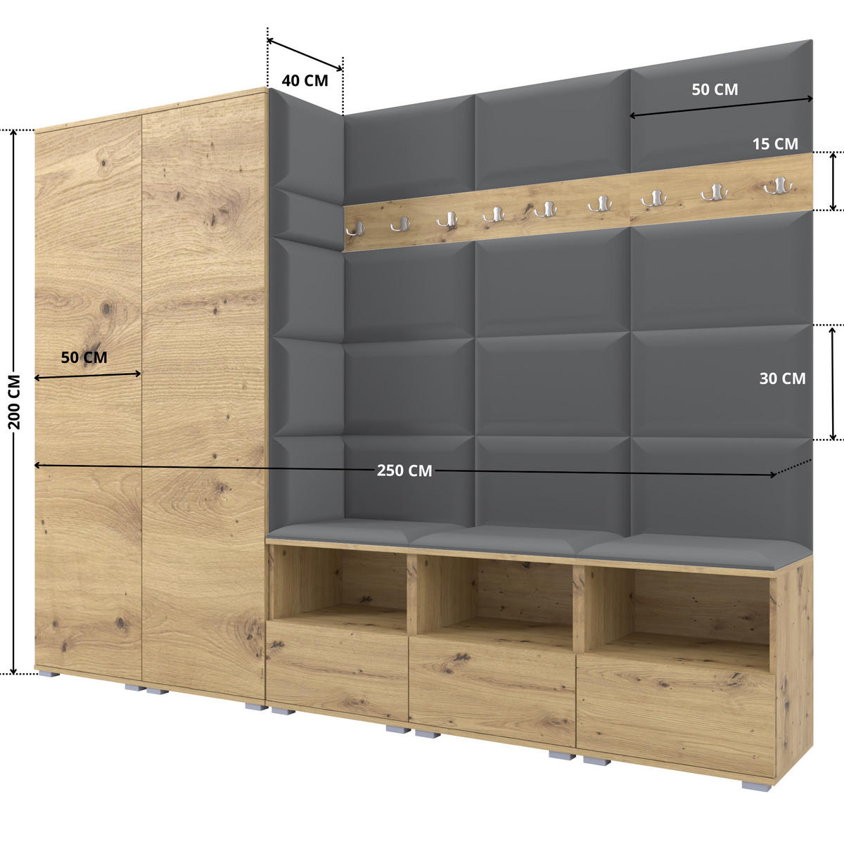 GARDEROBE NELA VII 250 cm (Modulare Flurmöbel XL Artisan Eiche mit Sitzpolster Dunkelgrau 15 2 Schränke) - Dunkelgrau/Silberfarben, Holz/Holzwerkstoff (250/187/40cm) - Ravio