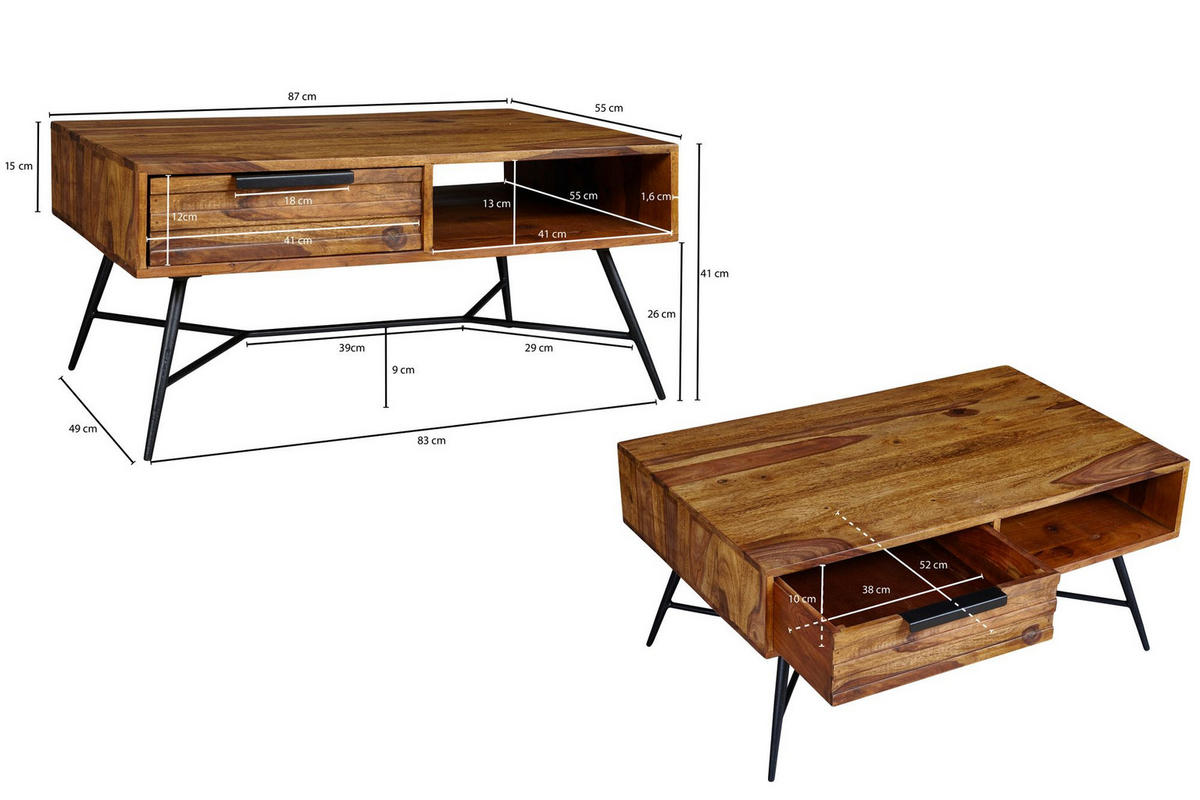 COUCHTISCH Massivholz Industrial-Design mit einzigartiger Maserung, 87x55x41cm - Schwarz/Braun, Holz/Metall (55/87/41cm) - KADIMA DESIGN