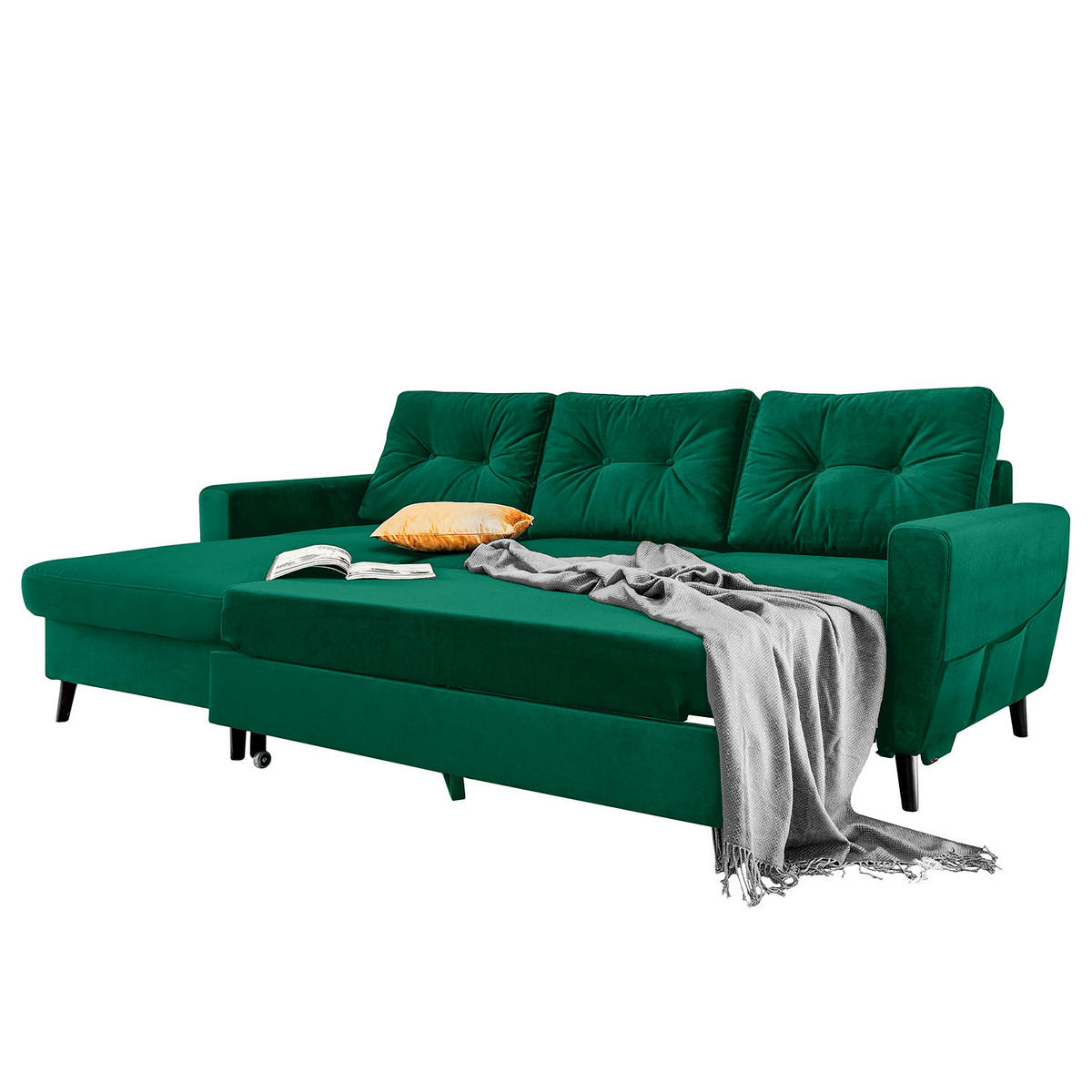 ECKSOFA mit Longchair - Smaragdgrün/Schwarz, Buchenholz/Textil (233/148cm) - home24