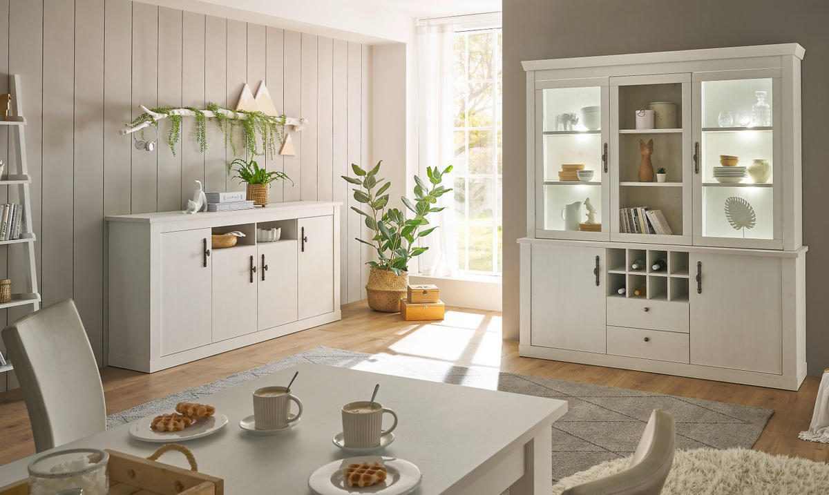 ESSZIMMER-SET Esszimmer Set 2-teilig weiß Pinie Landhaus, Soft-Close-Funktion - Silberfarben/Weiß, Glas/Holzwerkstoff (394/205/45cm) - Furn.Design