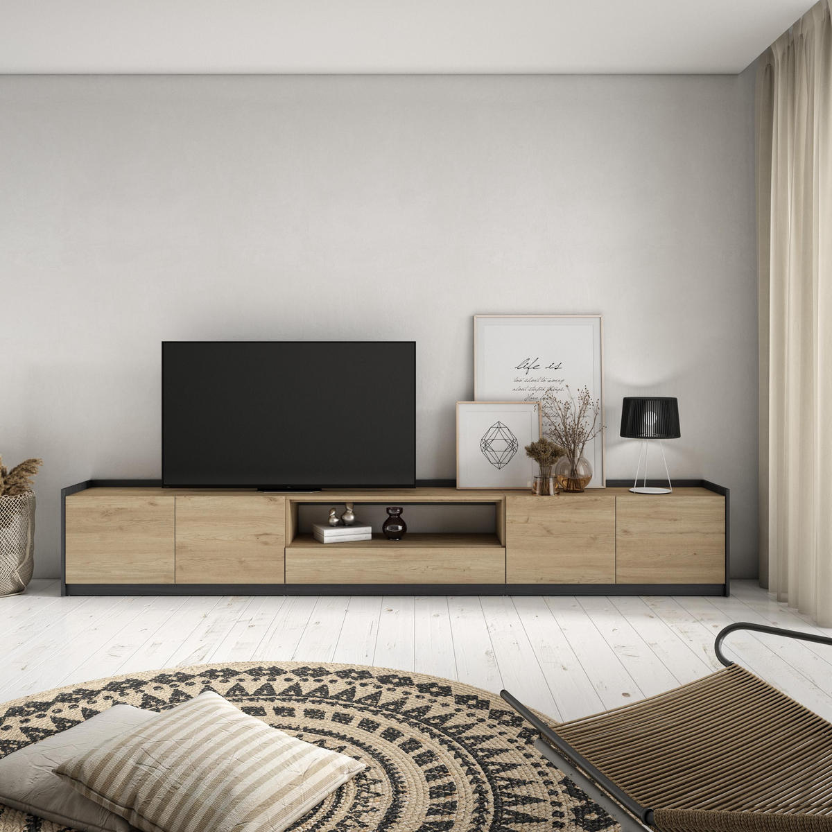 TV-SCHRANK, Lowboard, Eiche Schwarz, 310/37/50cm - Eichefarben, Holzwerkstoff (310/50/37cm) - Skraut Home