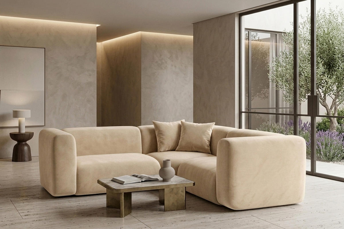 ECKSOFA Modulares, Corner Mini, Velvet-Stoff Bluvel, Creme, GRETA - Creme, Holz (190/190cm) - Kaiser Möbel