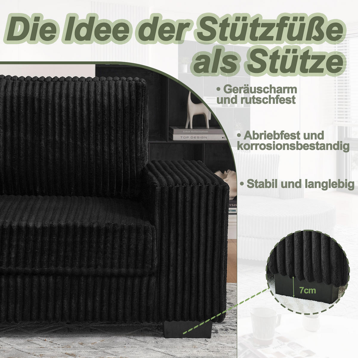 ECKSOFA 256.5/133.5/89 cm Schwarz Cord mit 2 Kissen und ovaler Fußhocker - Schwarz, Textil (133.5/89/256.5cm) - Oxeza