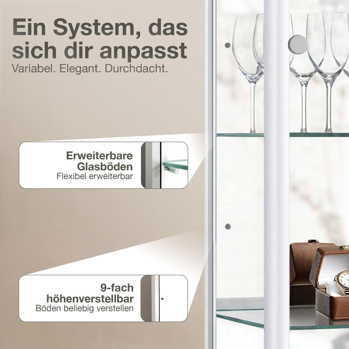 GLASVITRINE 33/37/176 cm mit Spiegel, LED, Schloss & 4 höhenverstellbaren Glasböden - Transparent/Silberfarben, Glas/Holzwerkstoff (37/176/33cm) - K-Möbel