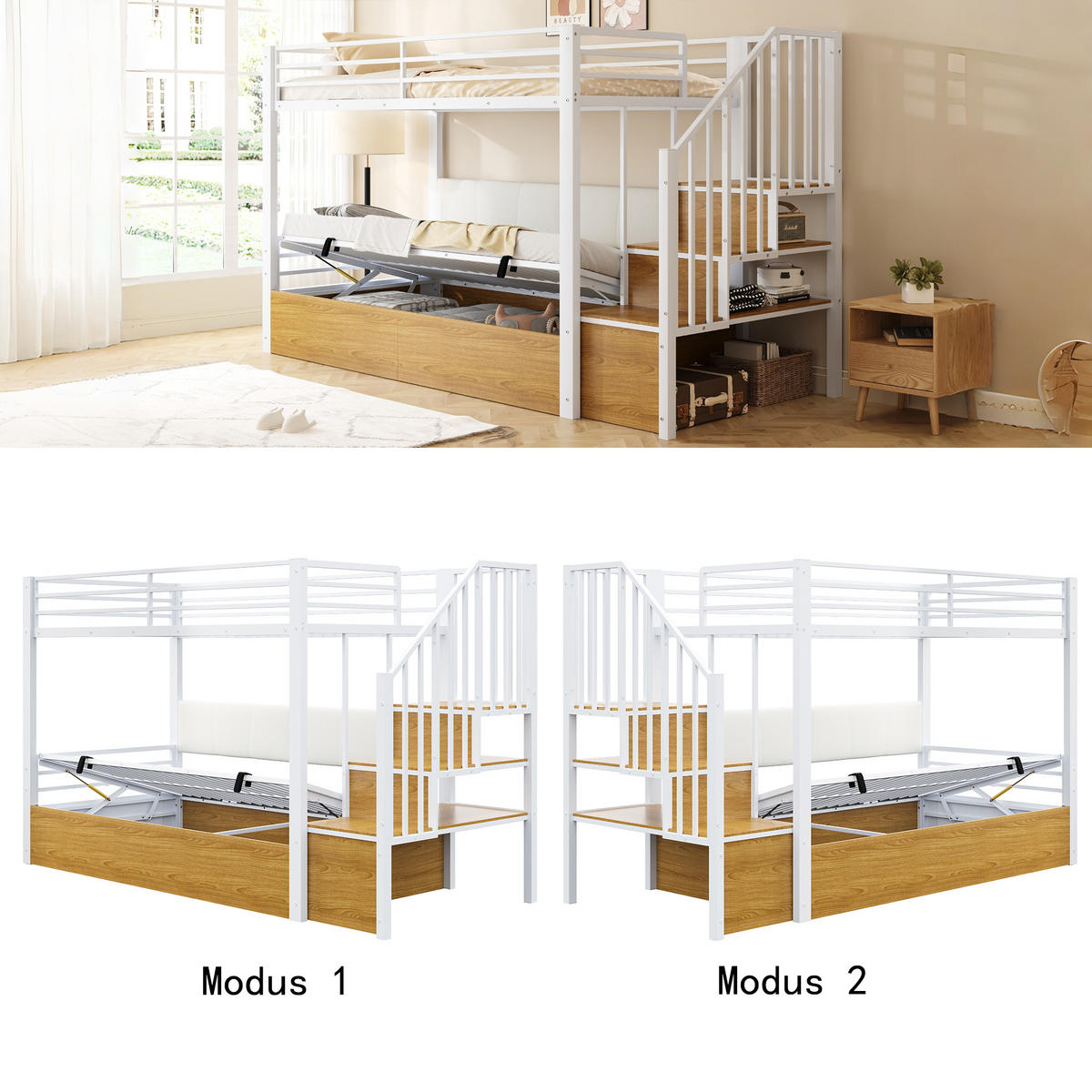 ETAGENBETT 90/200 cm in Weiß mit Stauraum und Regal - Weiß, Holz/Holzwerkstoff (90/200cm) - WISHDOR