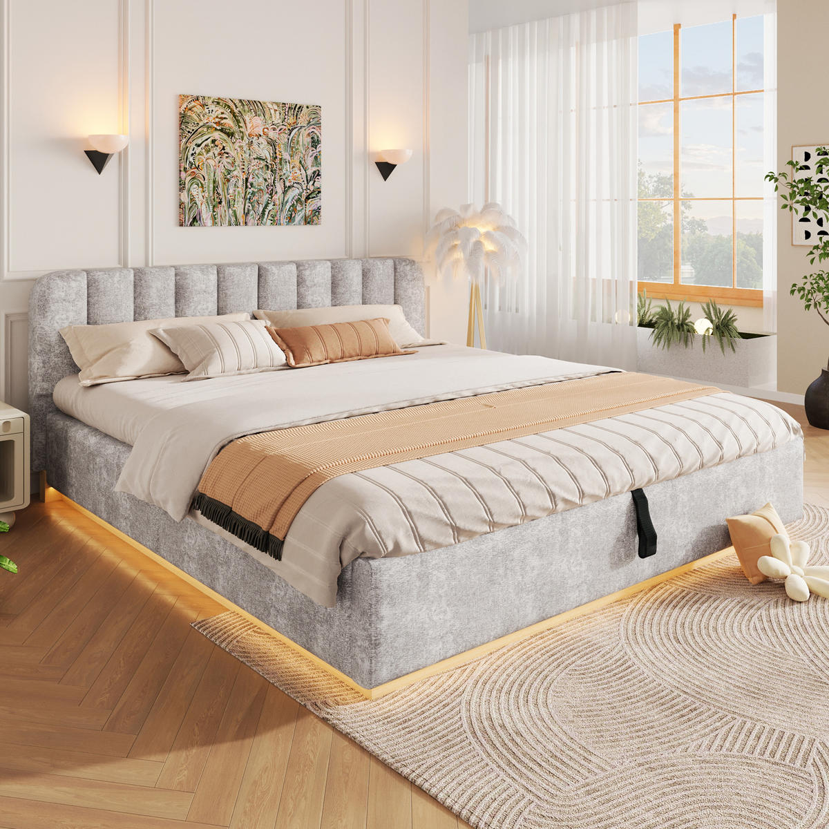 ČALOUNĚNÁ POSTEL 180x200cm Úložná LED Žinylka Světlešedá - šedá, kompozitní dřevo (180/200cm) - FLIEKS