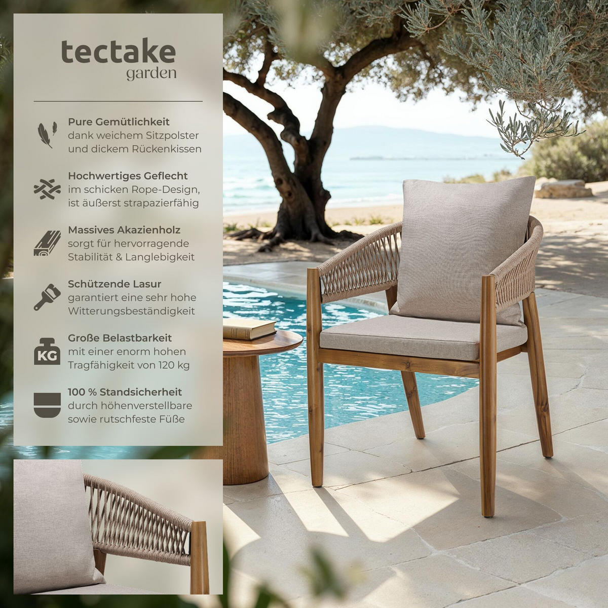 GARTENSTUHL Manacor, höhenverstellbare Kunststofffüße, Sand - Sandfarben/Braun, Holz (59/76.5/58cm) - tectake