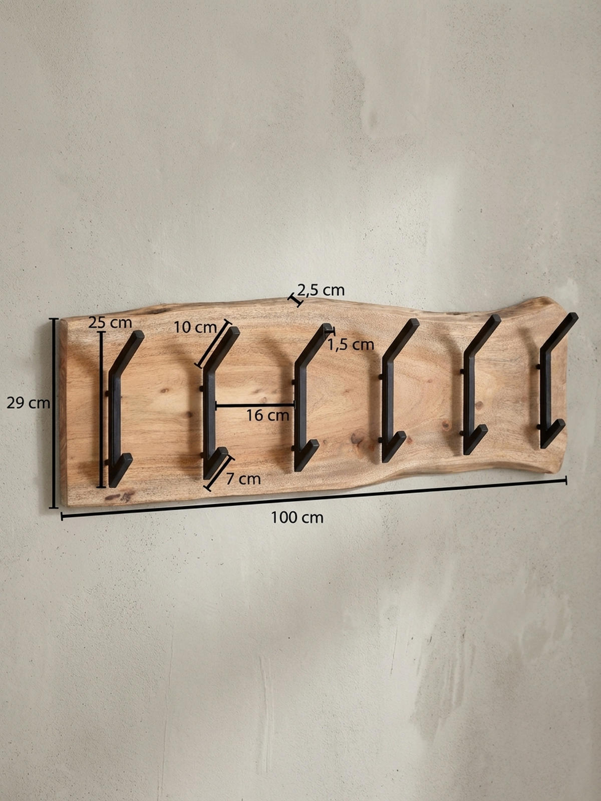 WANDGARDEROBE Akazie Massivholz Metall Modern 100x29x12,5 cm mit Baumkante - Beige, Holz (100/29/13cm) - KADIMA DESIGN