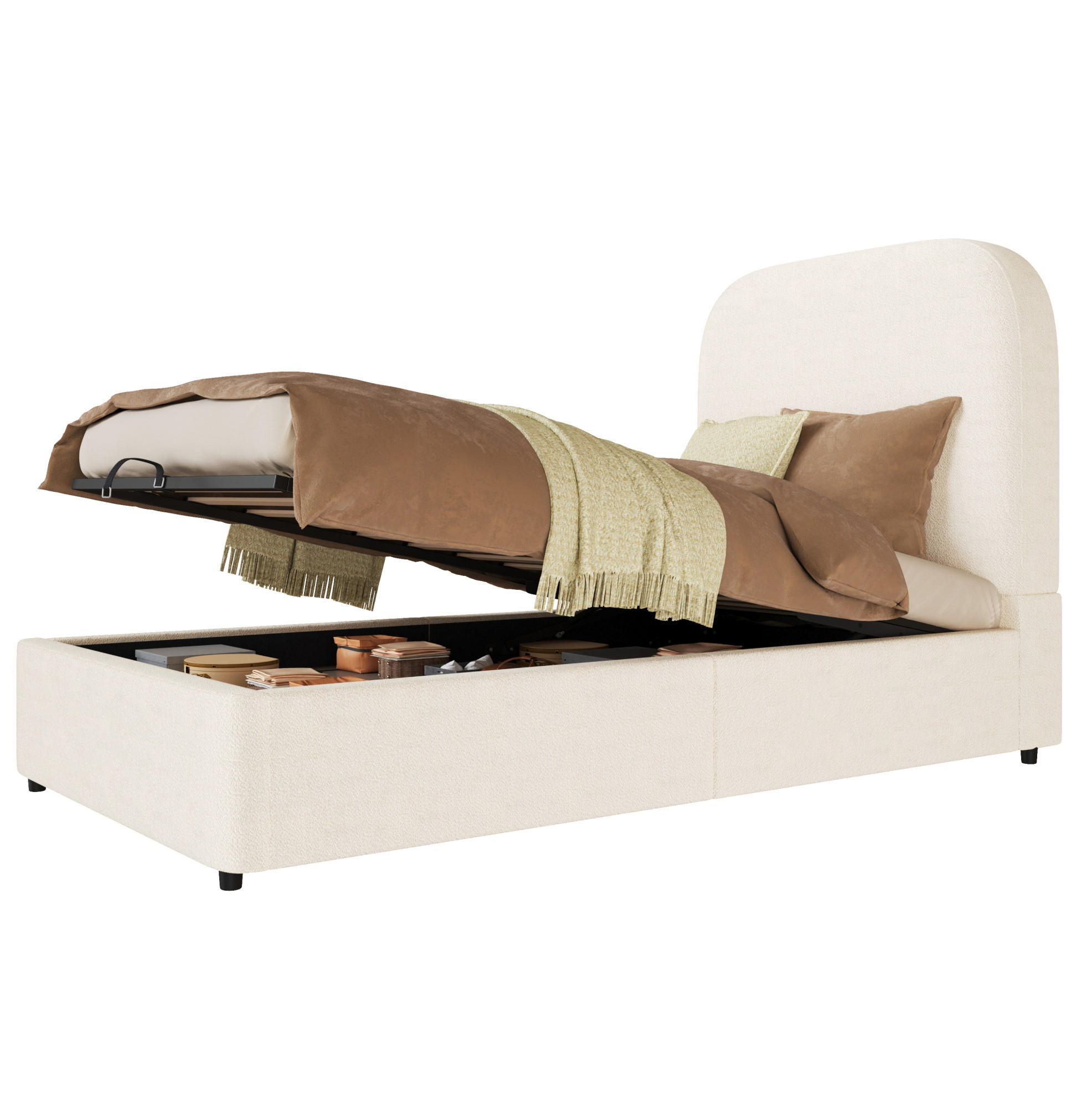 KINDERBETT aus Bouclé 90x200 cm Beige mit Lattenrost und hydraulischem Stauraum - Beige, Holzwerkstoff (90/200cm) - Modfu