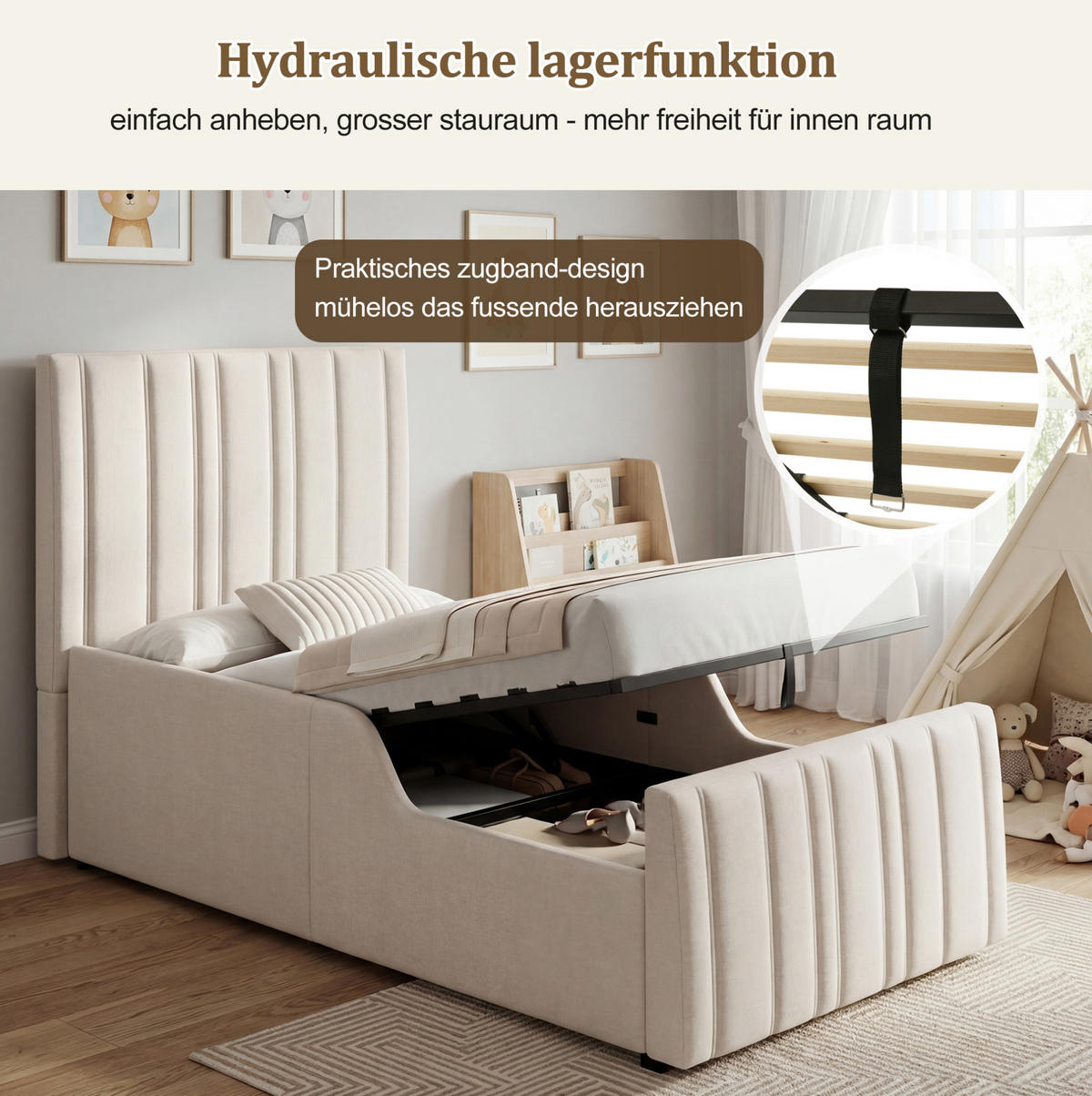 KINDERBETT 90/200 cm Beige aus Leinenstoff mit Lattenrost und Stauraum - Beige, Textil (90/200cm) - OKWISH