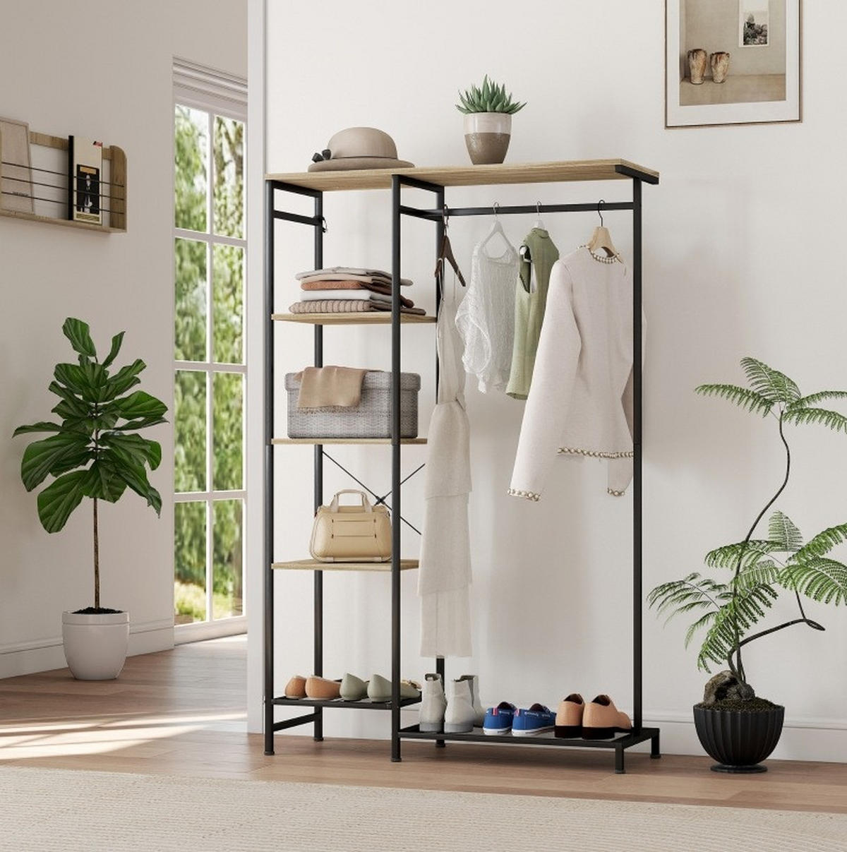 STANDGARDEROBE 100/35/156 cm mit Kleiderstange, Schuhablage und Ablage in Eiche - Eichefarben, Metall (100/156/35cm) - BEAOK