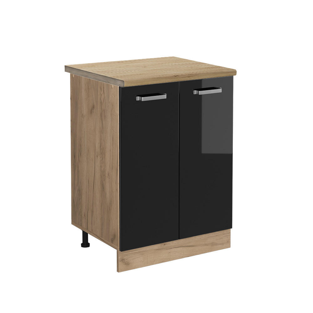 KÜCHENUNTERSCHRANK R-Line Schwarz Hochglanz 60 cm, AP Eiche - Schwarz Hochglanz/Eiche Wotan, Holzwerkstoff (60/81.6/60cm) - Vicco