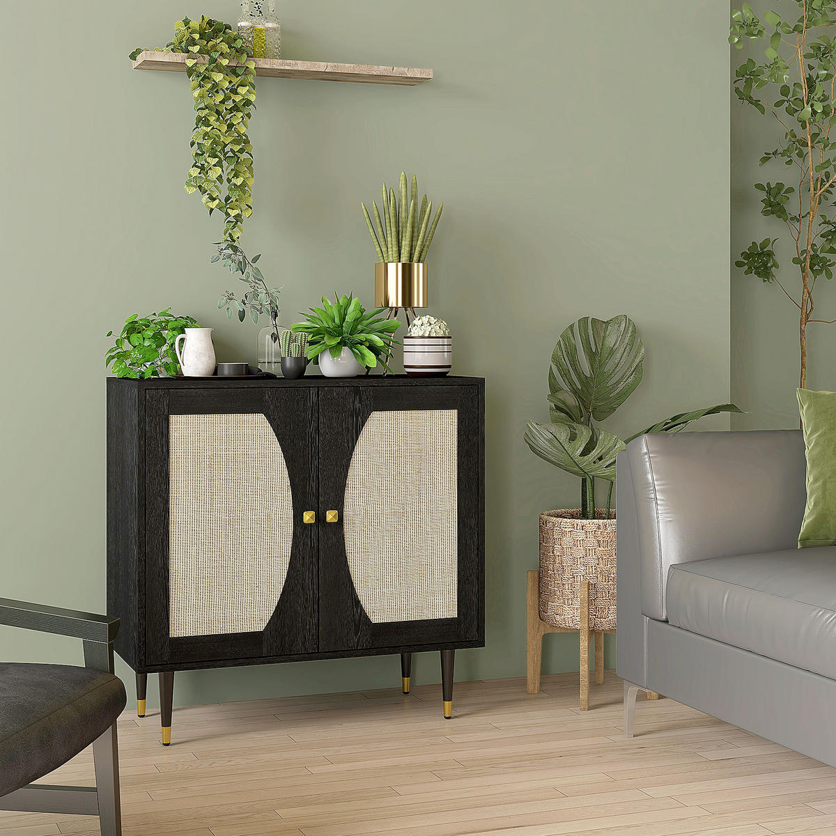 SIDEBOARD DE-11084 Boho-Design mit 2 Türen & Rattan-Front Schwarz - Schwarz, Holzwerkstoff (80/79/38cm) - ComfortXL