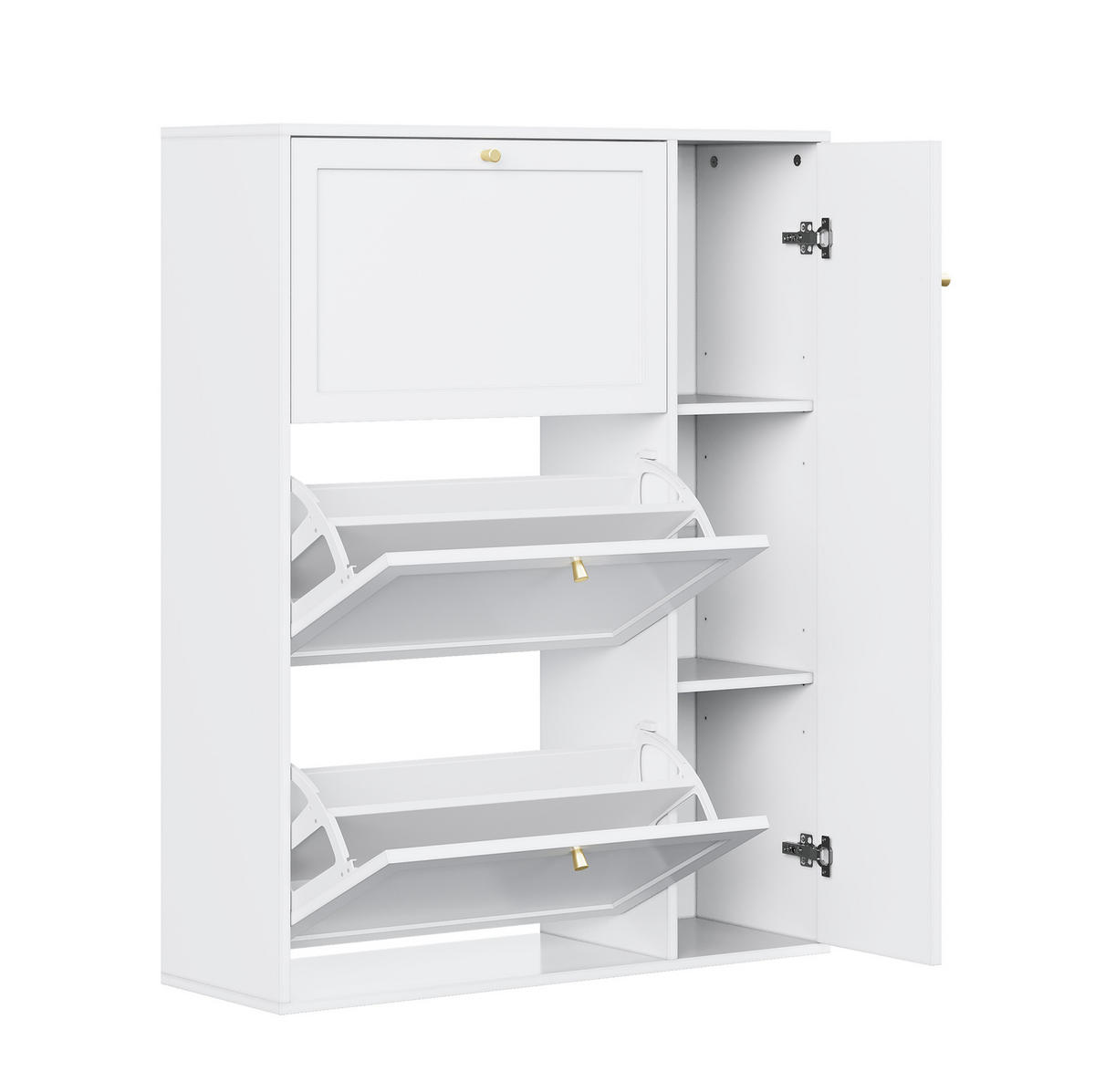 SCHUHSCHRANK aus MDF & Spanplatte 90x25x114cm in Weiß mit 3 Klappen & 1 Tür - Weiß, Holzwerkstoff (90/114/25cm) - Modfu
