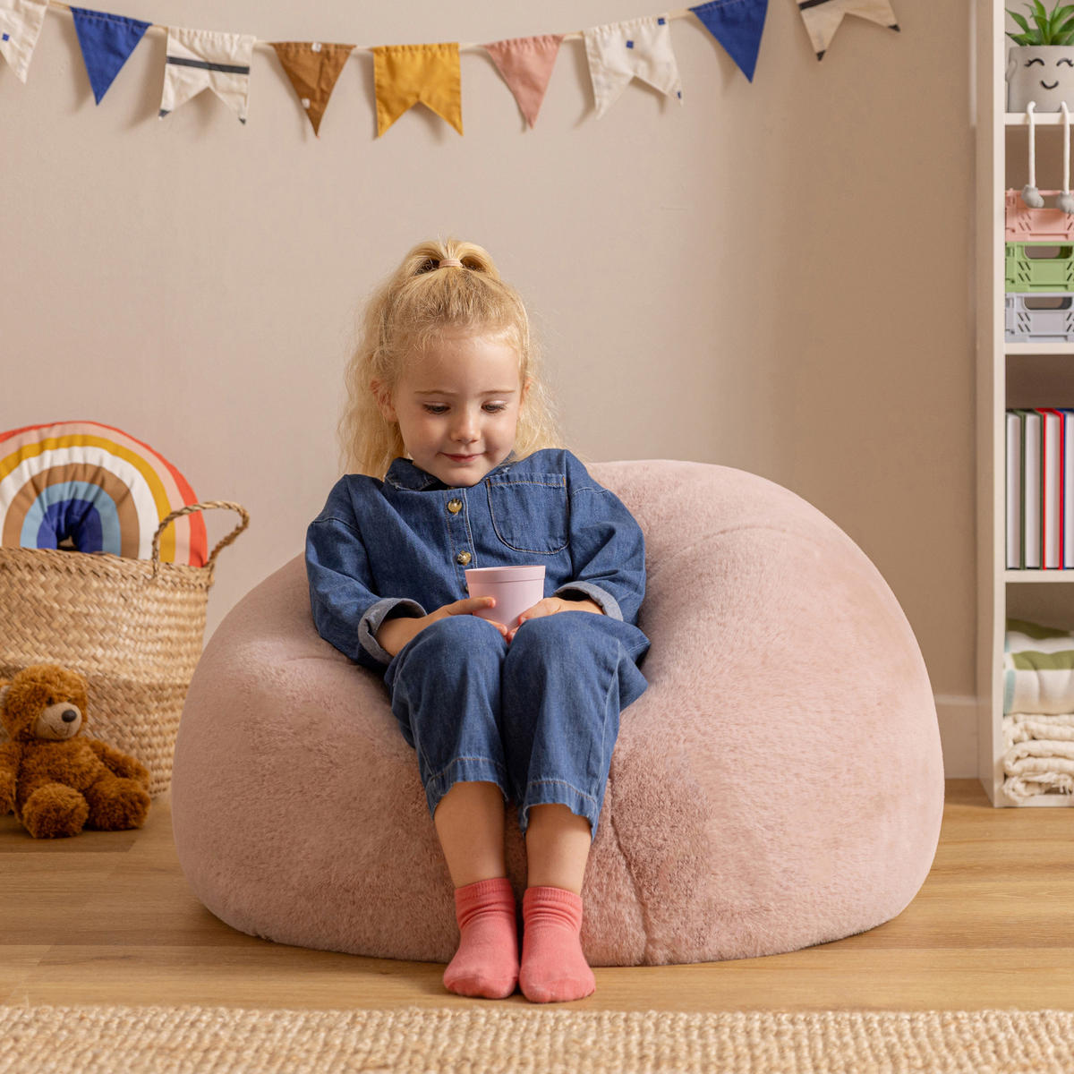 KINDERSITZSACK Kingston Kaninchenkunstfell - Pink/Mokka, Textil (80/45/80cm) - icon