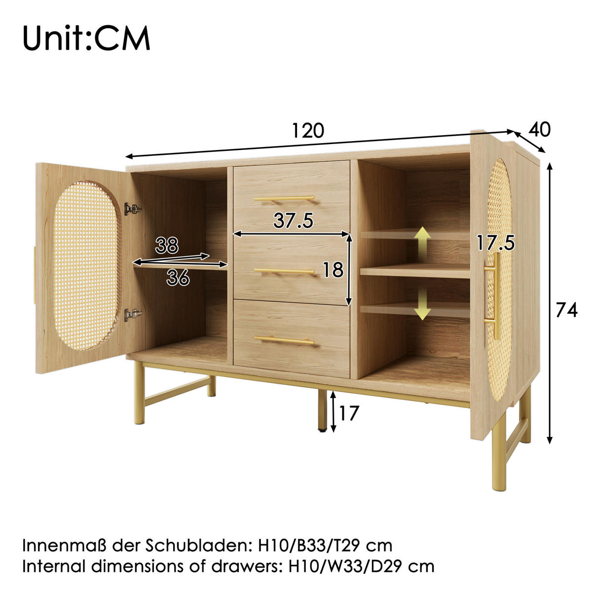 KOMODA 120/40/74 cm se 3 zásuvkami, 2 dvířky a nastavitelnou policí, ratanový vzhled, Sonoma dub - barva dubu, kov (120/74/40cm) - Redom