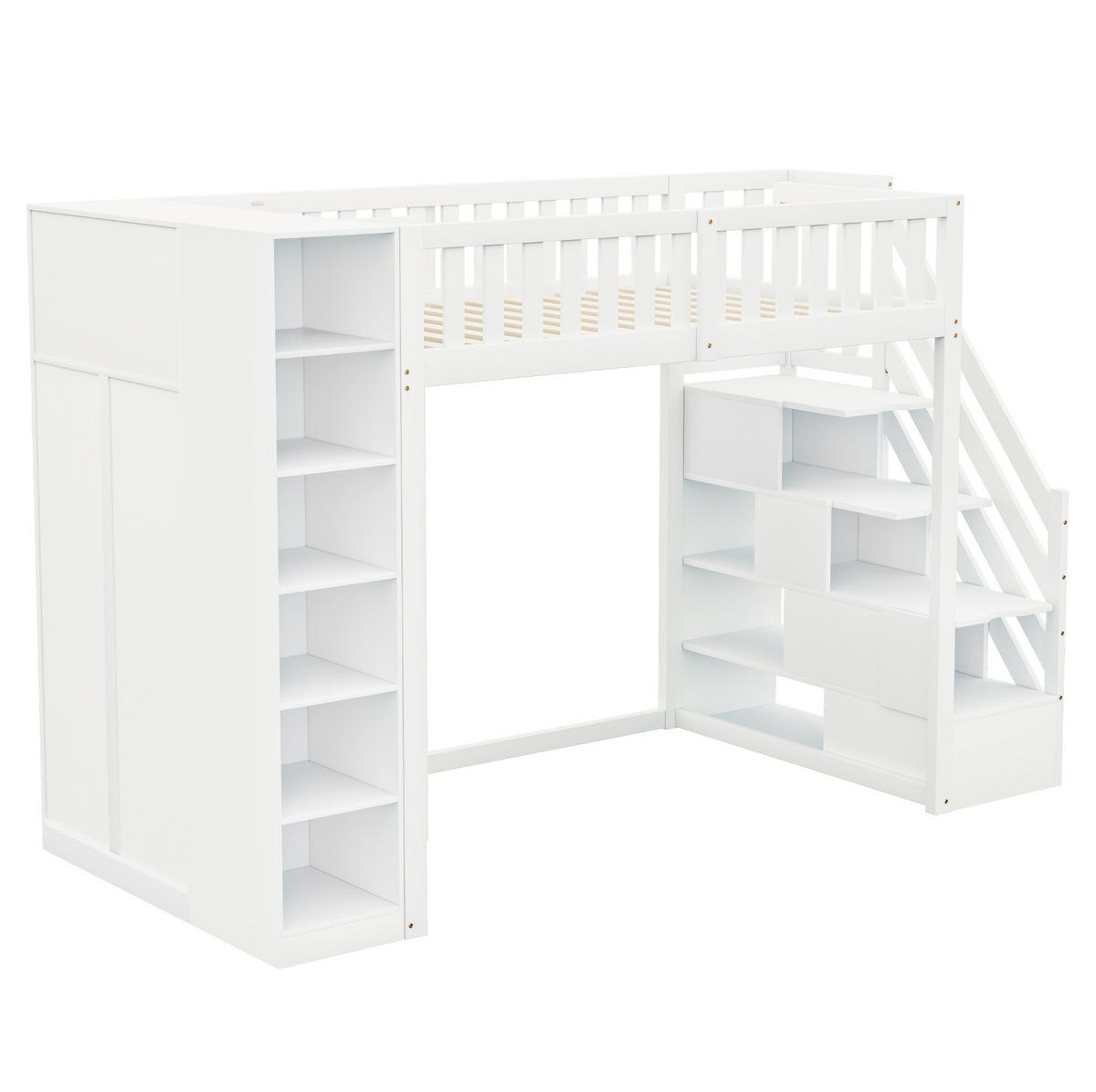 HOCHBETT 90/200 cm mit Kleiderschrank, Regalen und Sicherheitsleiter mit Stauraum, Weiß - Weiß, Holzwerkstoff (90/200cm) - Redom