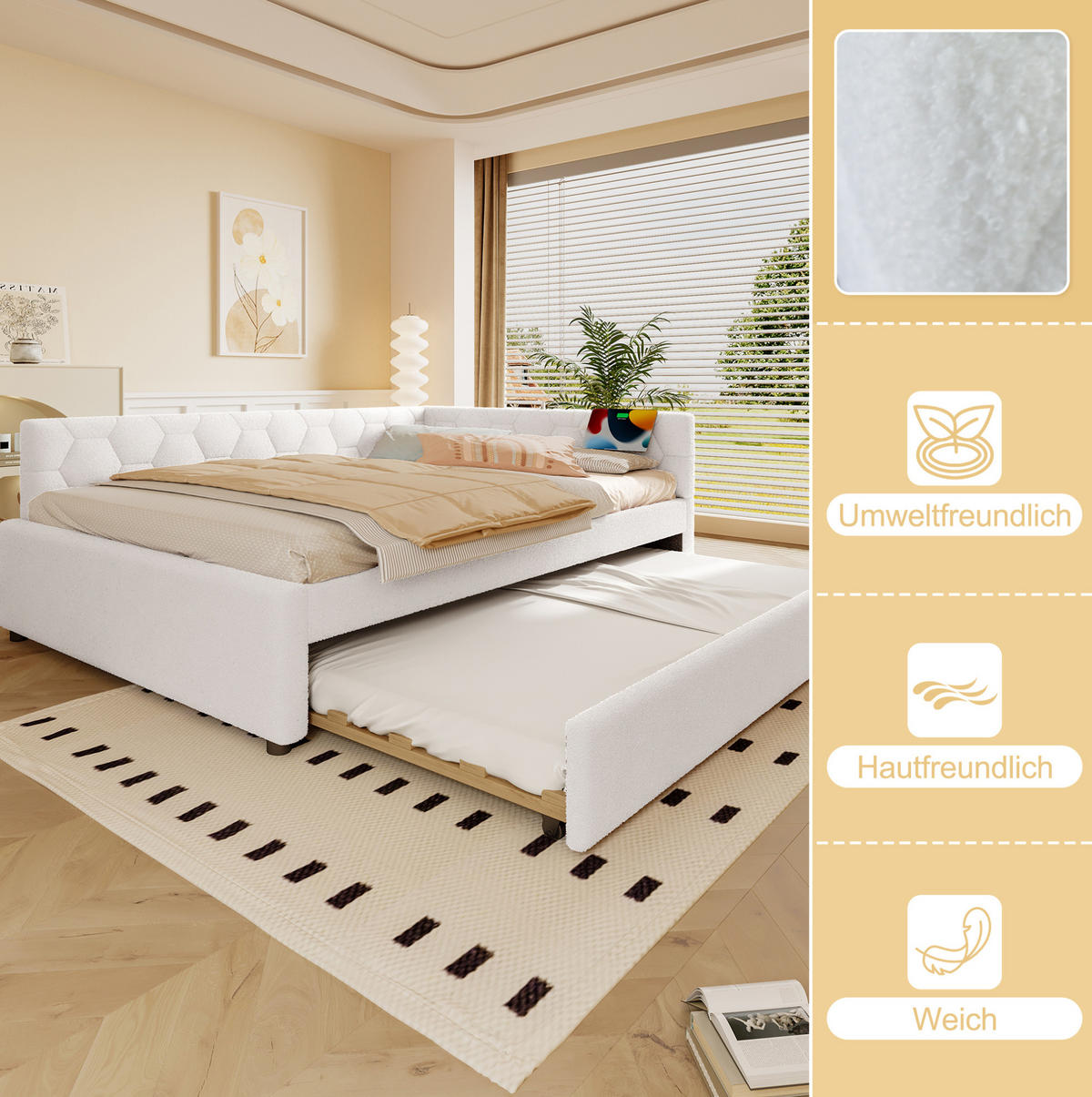 POSTEL 140/200 cm bílá z MDF a sametové látky s výsuvným lůžkem USB a lampičkou - bílá, textil (140/200cm) - OKWISH