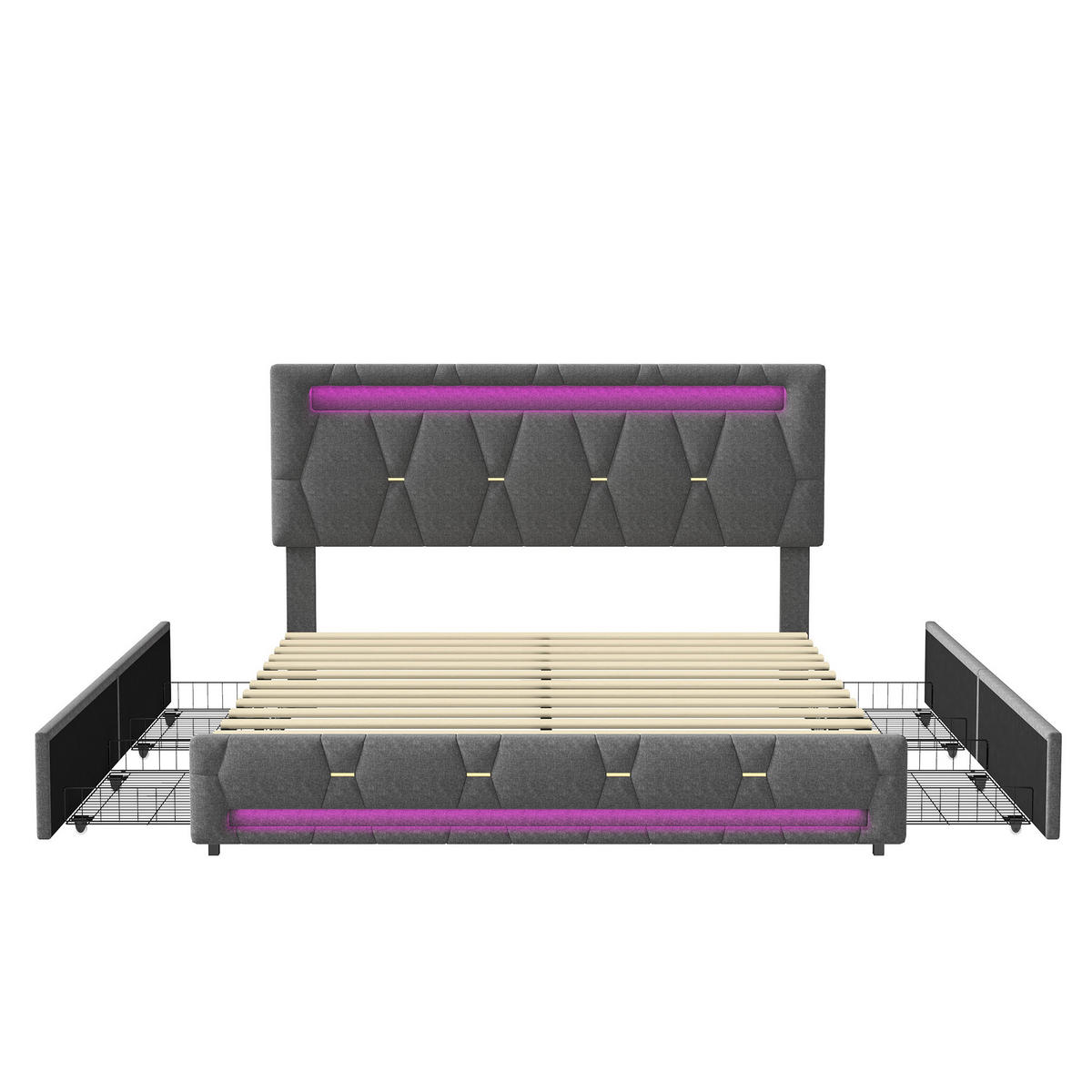 BETT 140 x 200 cm mit 4 Schubladen und LED, mit LED-Kopftei - Grau, Holzwerkstoff/Textil (140/200cm) - WoodenAura
