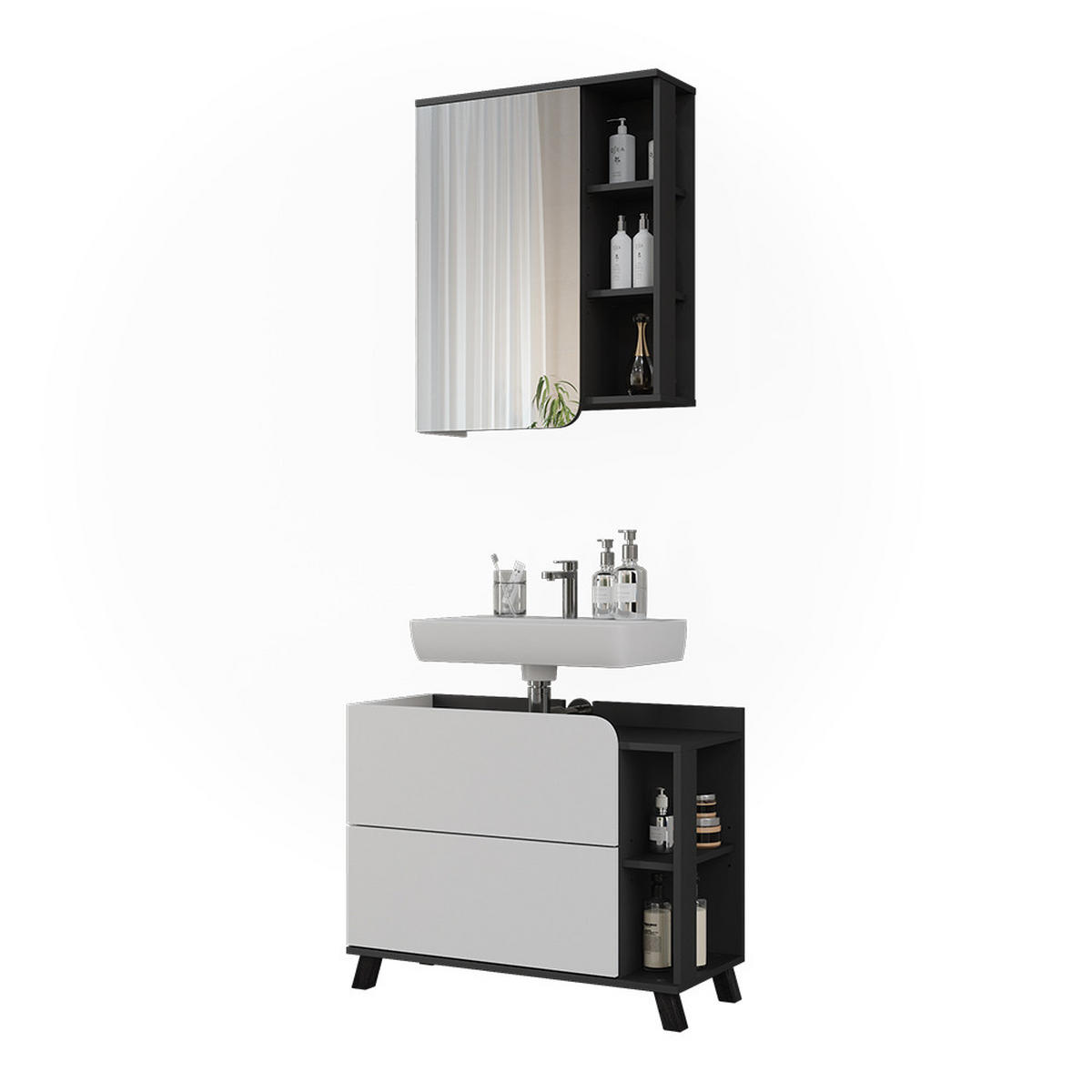 SÚPRAVA KÚPEĽŇOVÉHO NÁBYTKU Karen, biely/antracitová, 2 časti - biela/antracitová, kompozitné drevo (80/65/35cm) - Vicco