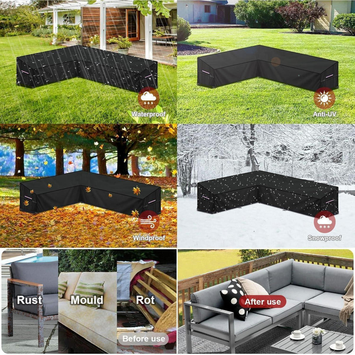 ABDECKHAUBE Loungemöbel L-Form 190x280x90x80/60cm Wasserdicht - Schwarz, Kunststoff (1/1/1cm)