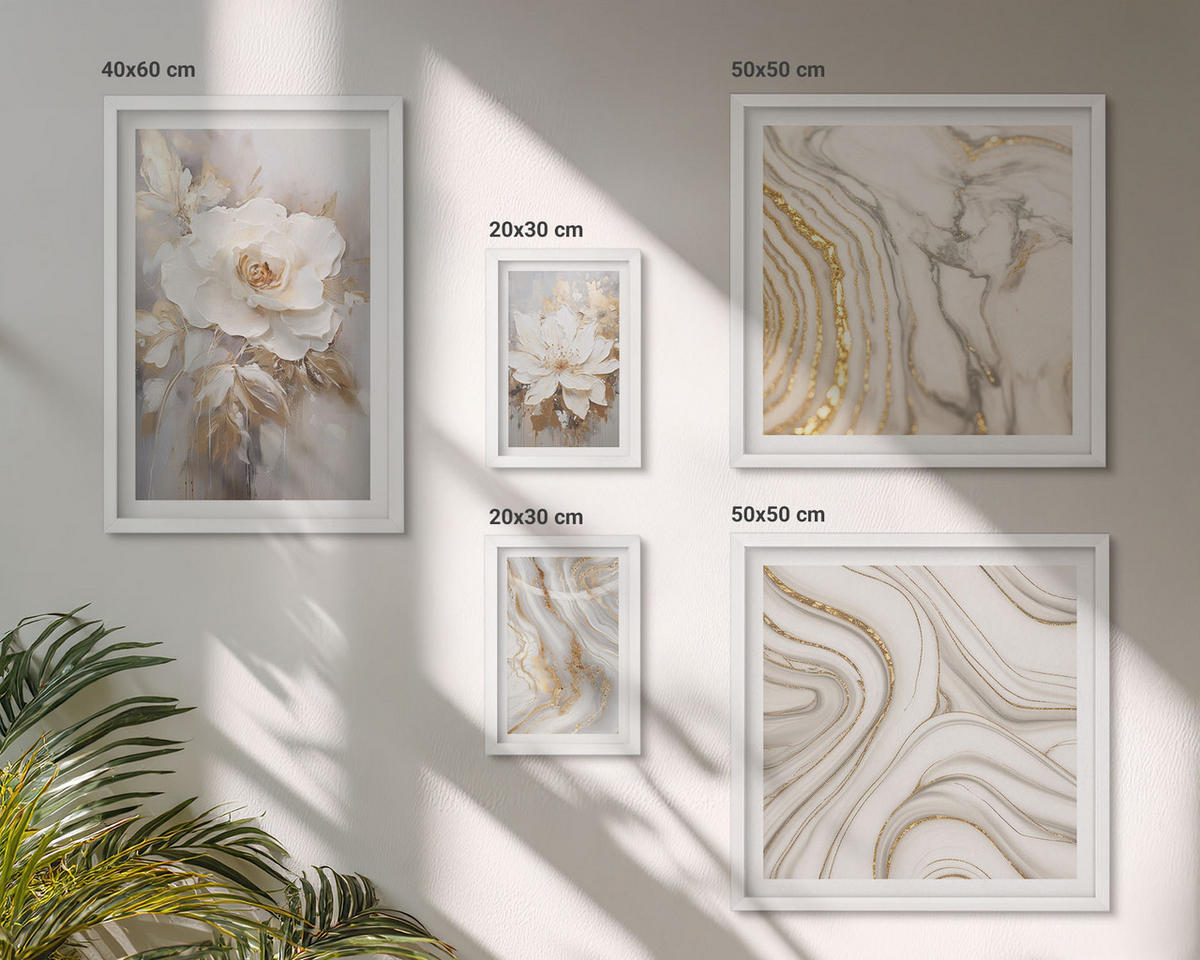 BILDER SET 5er Set - 50x50 cm & 20x30 cm & 40x60 cm Weißer Rahmen - Subtile abstrakte Muster - Weiß, Kunststoff (40/60cm) - TULUP