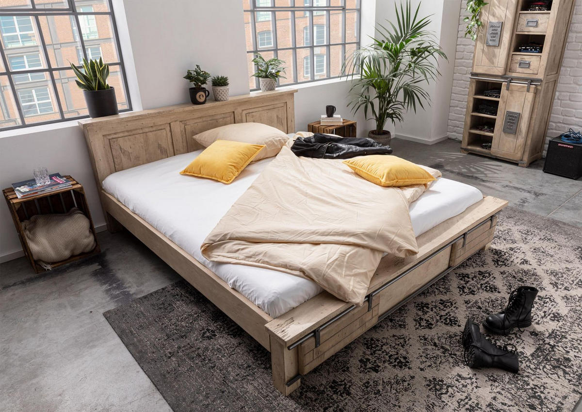 BETT Massivholz Mango 180 x 200 x 85 beige RAILWAY #342 - Beige, Holz (180/200cm) - Massivmoebel24