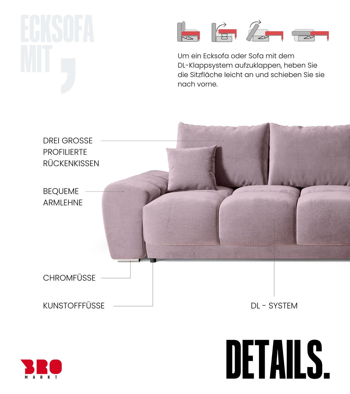 ECKSOFA Nubes mit Schlaffunktion Puderrosa Plüsch - Silberfarben/Rosa, Kunststoff/Textil (290/180cm) - Bromarkt