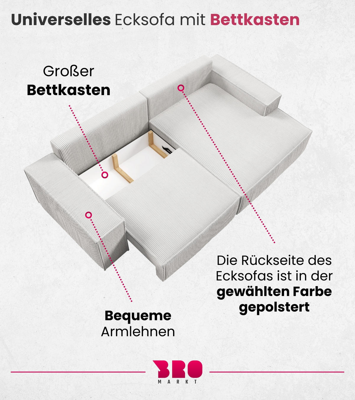 ECKSOFA Pablo Mini mit Schlaffunktion Hellgrau Cord - Hellgrau, Textil (255/148cm) - Bromarkt