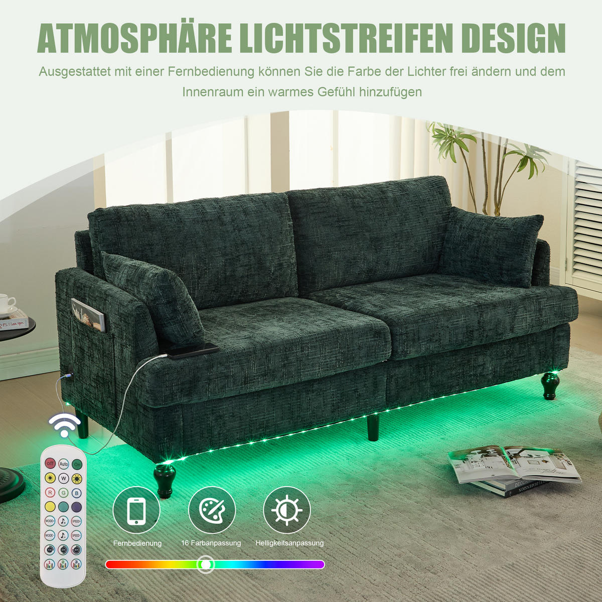 2-SITZER Sofa Chenille mit LED und USB-Anschluss 175/83/78 cm Smaragdgrün - Smaragdgrün, Textil (175/78/83cm) - Redom