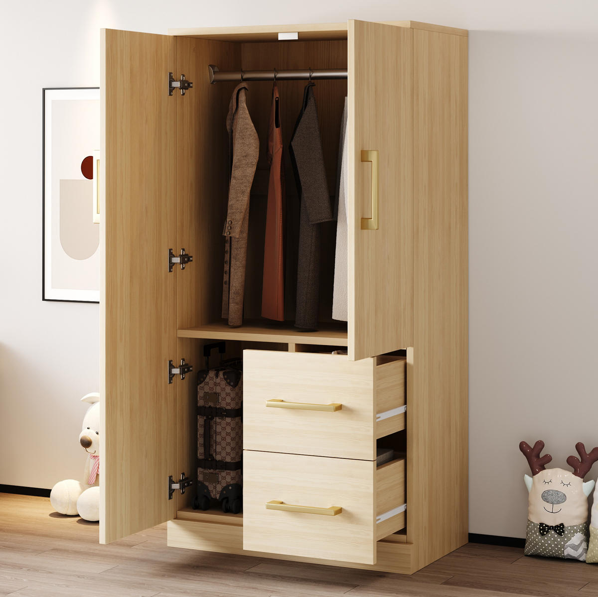KLEIDERSCHRANK 70/135/40 cm in Holzfarbe aus Holz mit 2 Schubladen - Naturfarben, Holz (40/135/70cm) - OKMYHOME