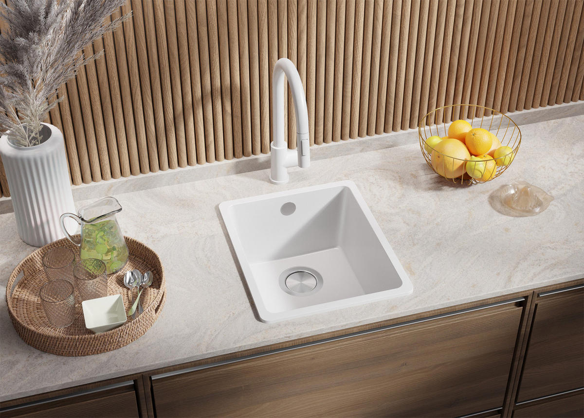 GRANITSPÜLE Venedig Slim Easy, 2-er set Weiß 36/44 cm 1 Becken + Küchenarmatur 40/20 cm + Ablauf-Set ab 40er Unterschrank - Chromfarben/Weiß, Kunststoff (36/20/44cm) - Primagran