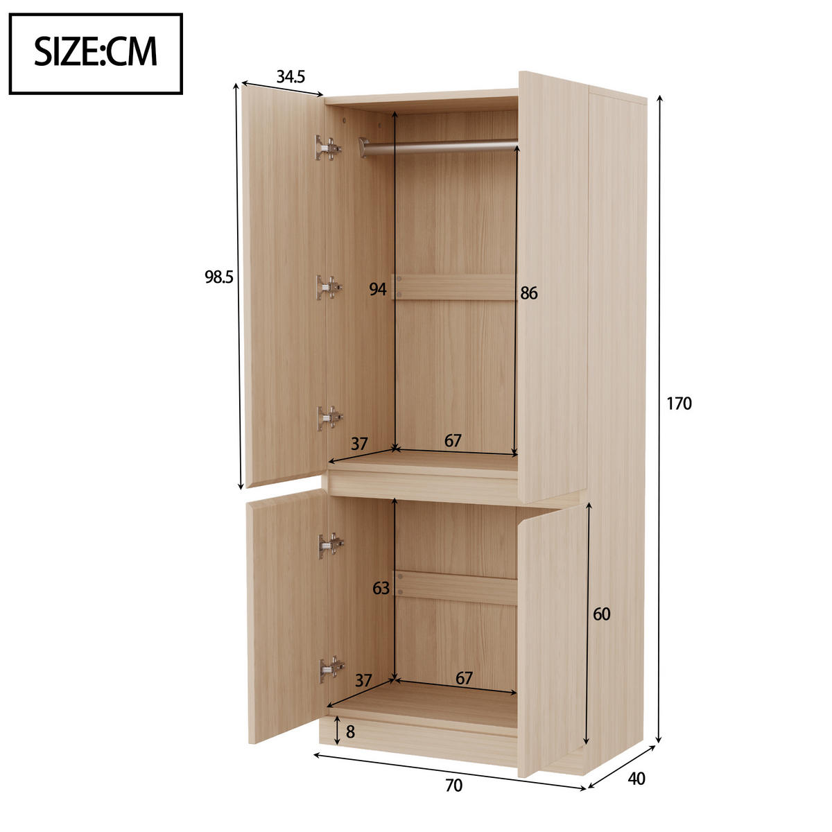 KLEIDERSCHRANK 70/40/170 cm mit 2 Drehtüren in Holzfarbe - Naturfarben, Holz (70/170/40cm) - BEAOK