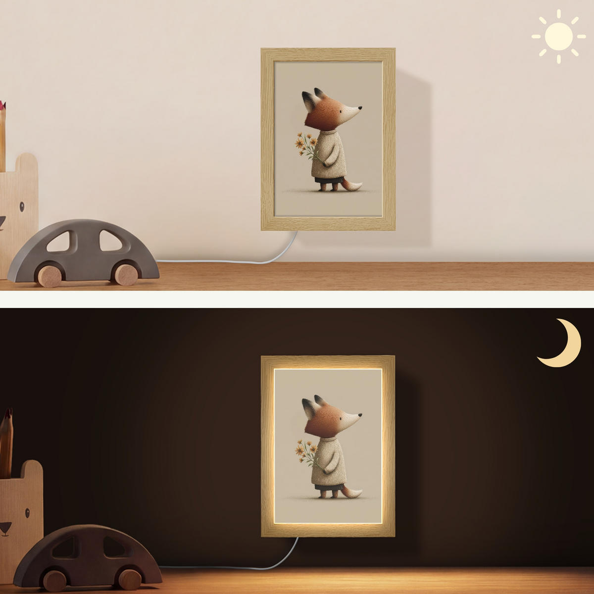 NÁSTĚNNÁ LAMPA Liška - Žluté květy - Minimalistický 15x20 cm - šedohnědá, kompozitní dřevo (15/20/8cm) - OnlyWow