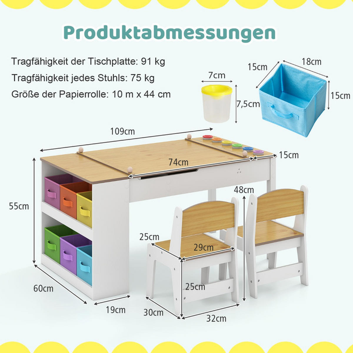 KINDERTISCH mit Stuhl natur(3-tlg) - Naturfarben, Holzwerkstoff (109/55/60cm) - COSTWAY
