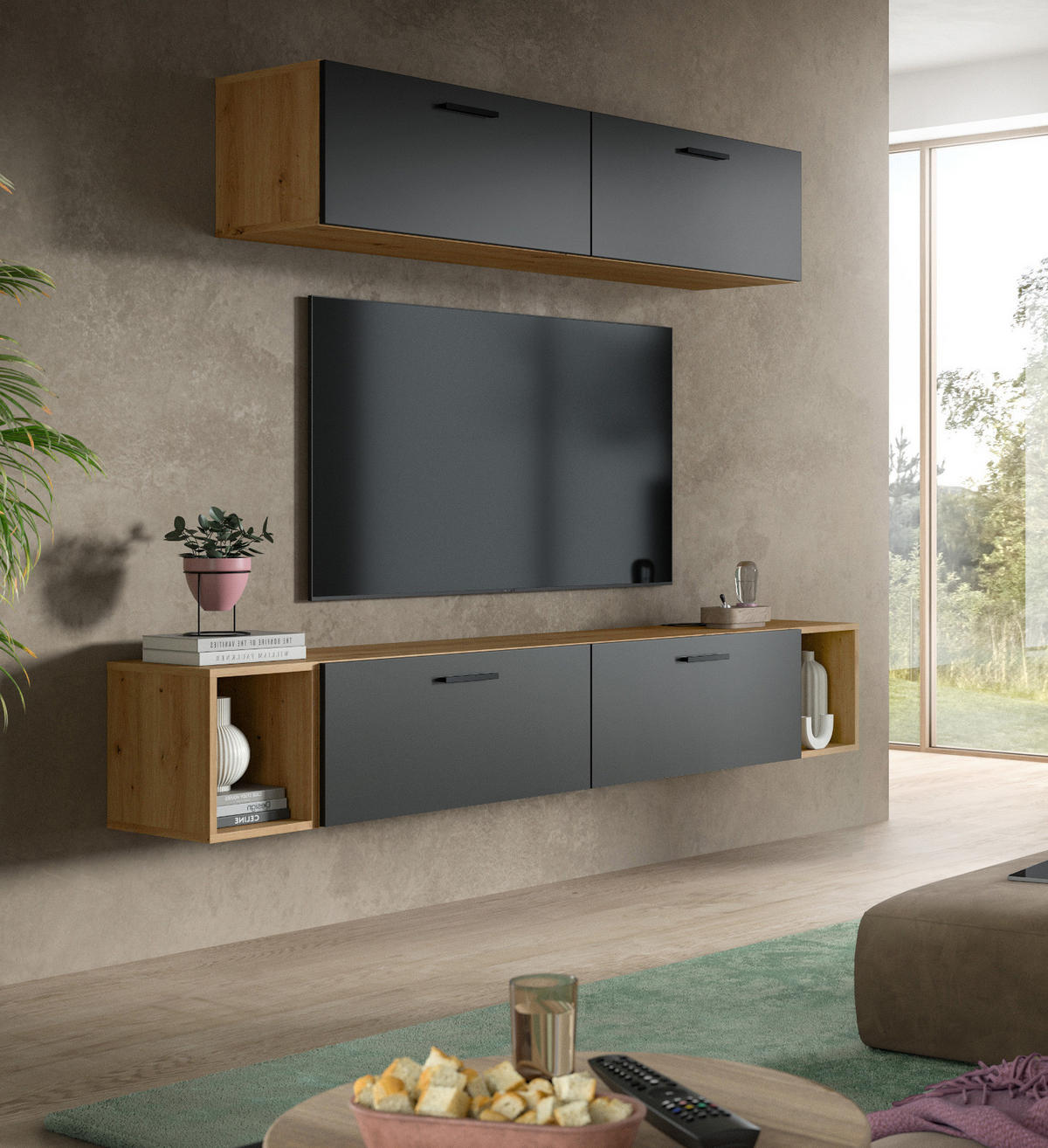 WOHNWAND grau, Eiche Artisan 202 cm, Schrankwand mit Soft-Close - Schwarz/Eiche Artisan, Holzwerkstoff/Kunststoff (202/184/34cm) - Inn.Furn