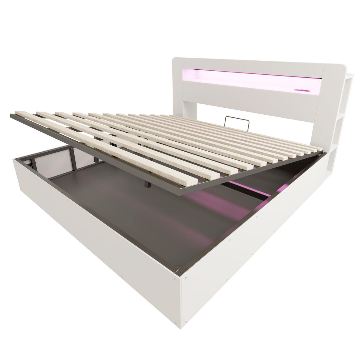POLSTERBETT 180/200 cm Weiß mit Hydraulische Aufbewahrungsfunktion und LED-Kopfteil - Weiß, Holz (180/200cm) - Oxeza