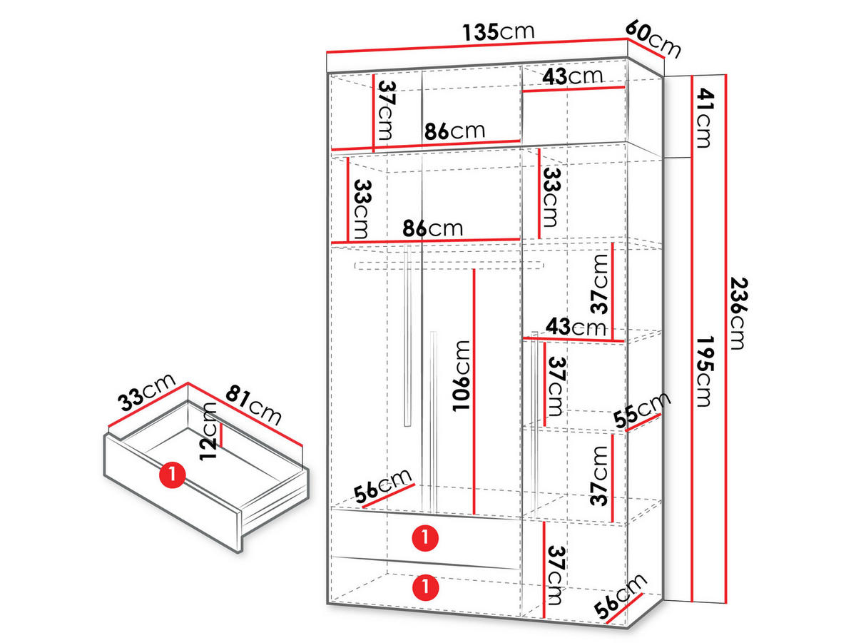 KLEIDERSCHRANK Lorin 3D2S LO01 mit Schrankaufsatz - Kaschmir, Holzwerkstoff (135/236/60cm) - MIRJAN24