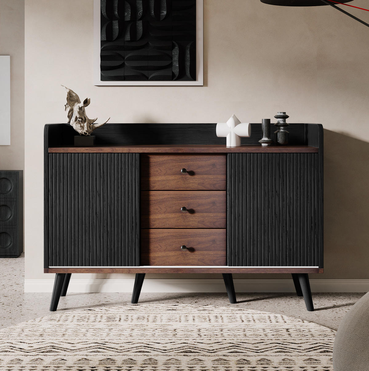 SIDEBOARD 117,5/40/80 cm aus Holzwerkstoff mit Schiebetüren und 3 Schubladen Schwarz/Holzfarben - Schwarz, Holzwerkstoff (117/80/40cm) - Modenvie