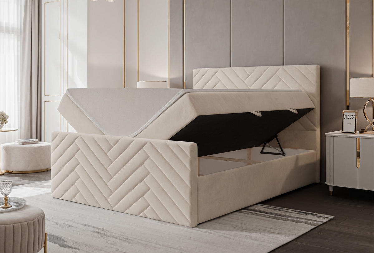 BOXBETT NEREA PLUS 160/200 cm mit Matratze und Topper, Creme - Creme, Holzwerkstoff/Textil (160/200cm) - Idohome