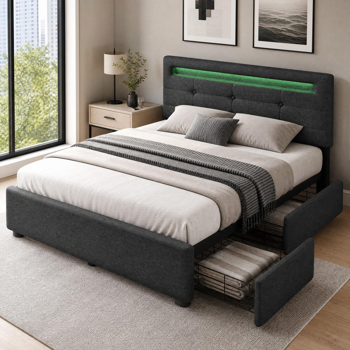 POLSTERBETT 90/200 cm in Grau Leinen mit 2 Schubladen, LED und verstellbarem Kopfteil - Grau, Holzwerkstoff/Textil (90/200cm) - STILVORA