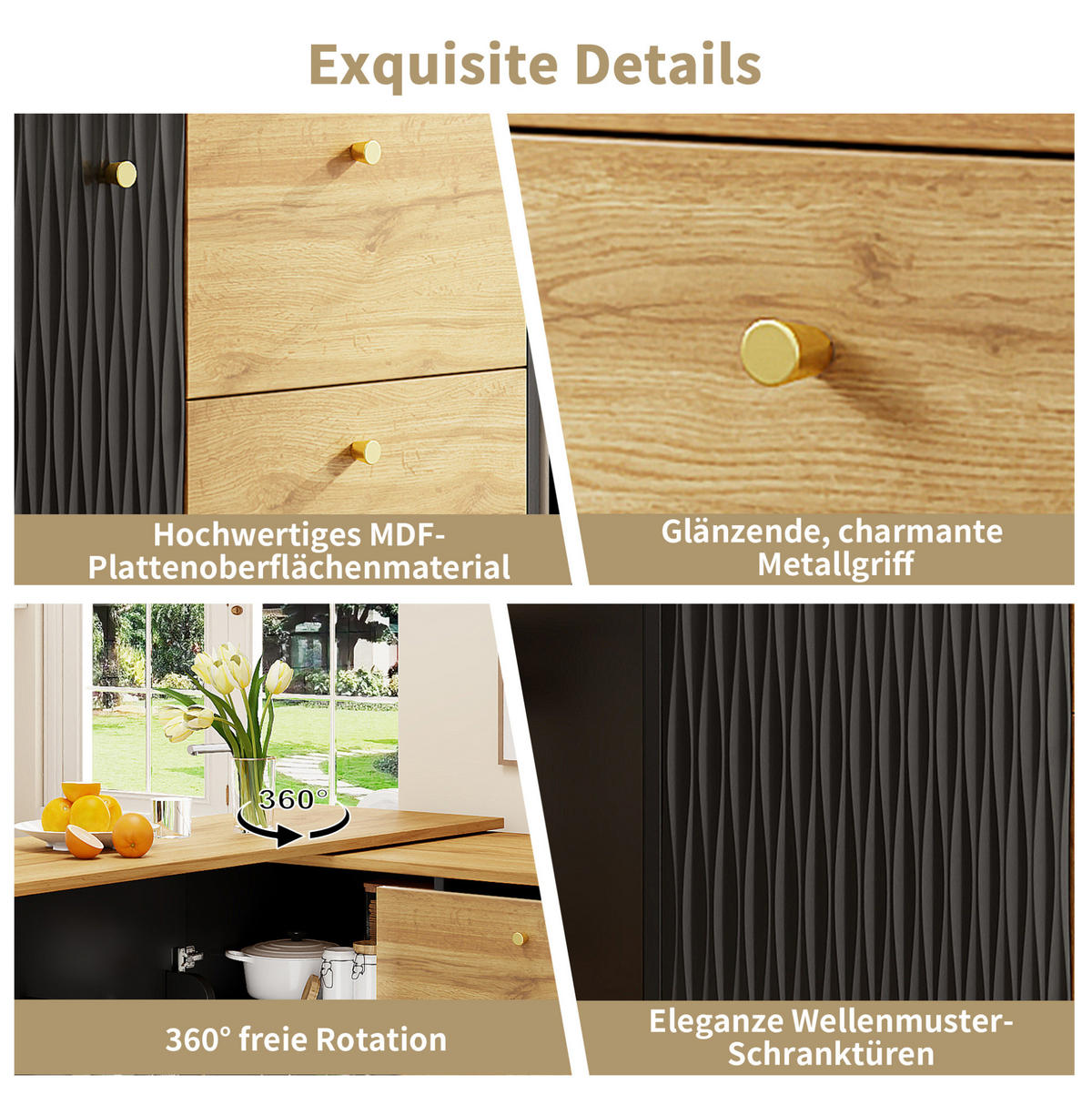 BARTISCH 138-204/39/104 cm in Schwarz mit Stauraum und drehbarer Ausziehfunktion - Schwarz, Holzwerkstoff (39/204/104cm) - BEAOK